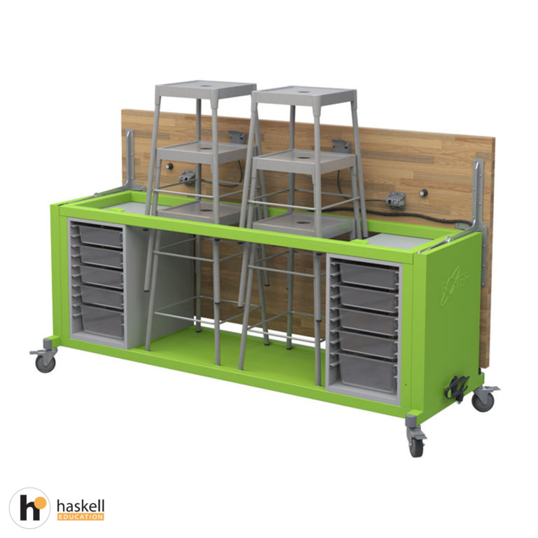 The Rover™ Table Opened with Butcher Block Retractable Top, 2 Bin Storage Modules with Bins, 6 Stools, Power Unit & Locking Casters