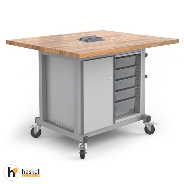 Maker Table 2 Module with Butcher Block Top, 1 Single Storage Module with Door, 1 Bin Storage Module, Power Unit & Locking Casters