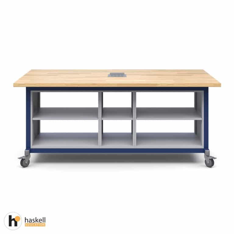 Maker Table with Butcher Block Top, 2 Double Storage Modules without Doors, 1 Single Storage Module without Door, Power Unit & Locking Casters