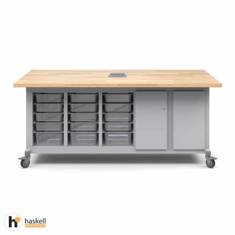 Maker Table with Butcher Block Top, 3 Bin Storage Modules, 1 Double Storage Module with Doors, Power Unit & Locking Casters