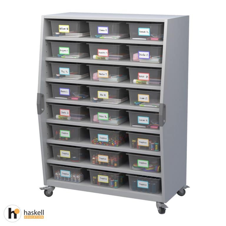 Tall Storage Cart with Bins, Magnetic White Board Backing & Locking Casters