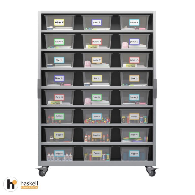 Tall Storage Cart with Bins, Magnetic White Board Backing & Locking Casters