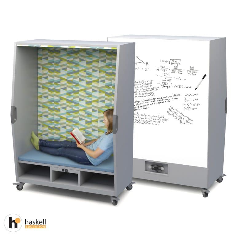 Think Nook with Upholstered Seating, Back & Ceiling, Cubby Storage, Power Unit, Magnetic White Board Backing & Locking Casters – Fresco