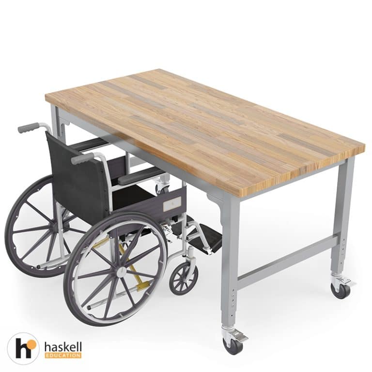 Voyager Table Height Adjustable – Butcher Block with Wheelchair