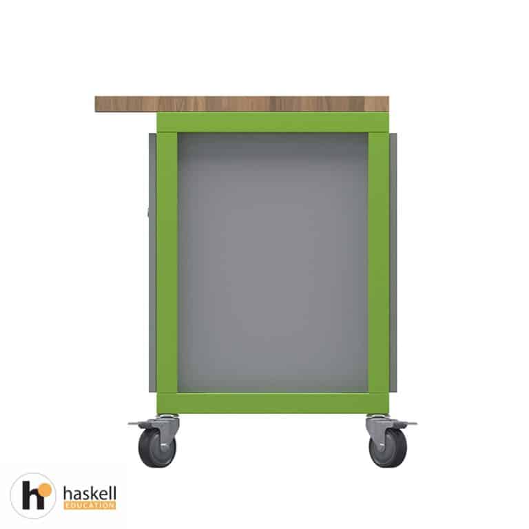 Cargo Cart with Overhang with Butcher Block Top, 2 Bin Storage Modules & Locking Casters, 1 Peg Board Storage Module, 1 Double Storage Modules with Doors