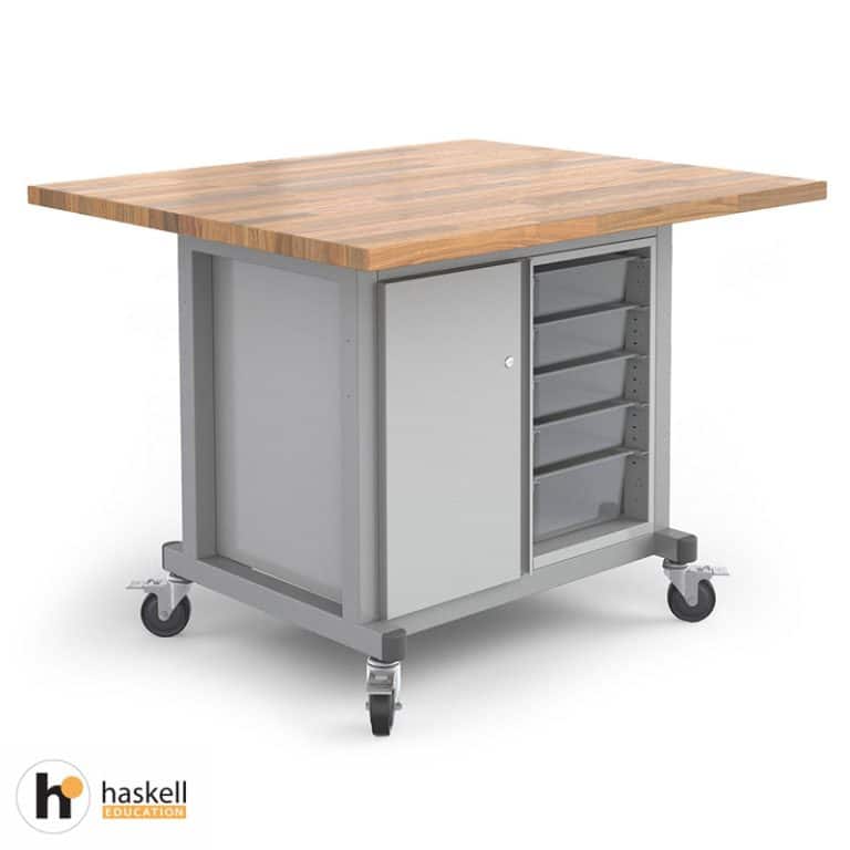 Maker Table 2 Module with Butcher Block Top, 1 Single Storage Module with Door, 1 Bin Storage Module & Locking Casters